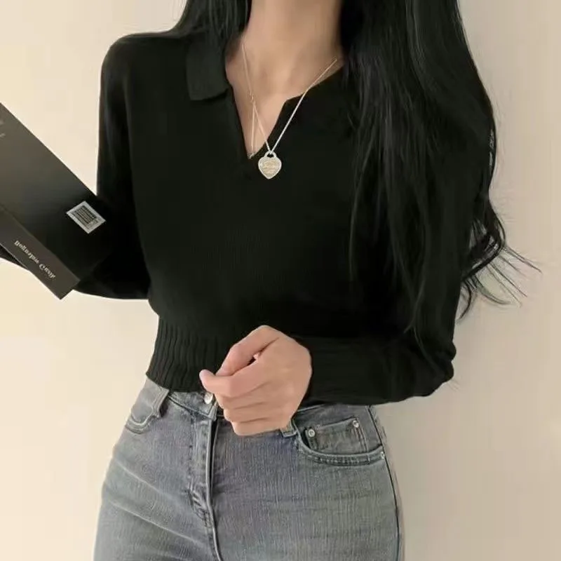 Korean V Neck Long Sleeve Knitted Shirt Women Spring Autumn New Grey Slim Crop Sweater Pullover Vintage Elegant Chic Female Tops