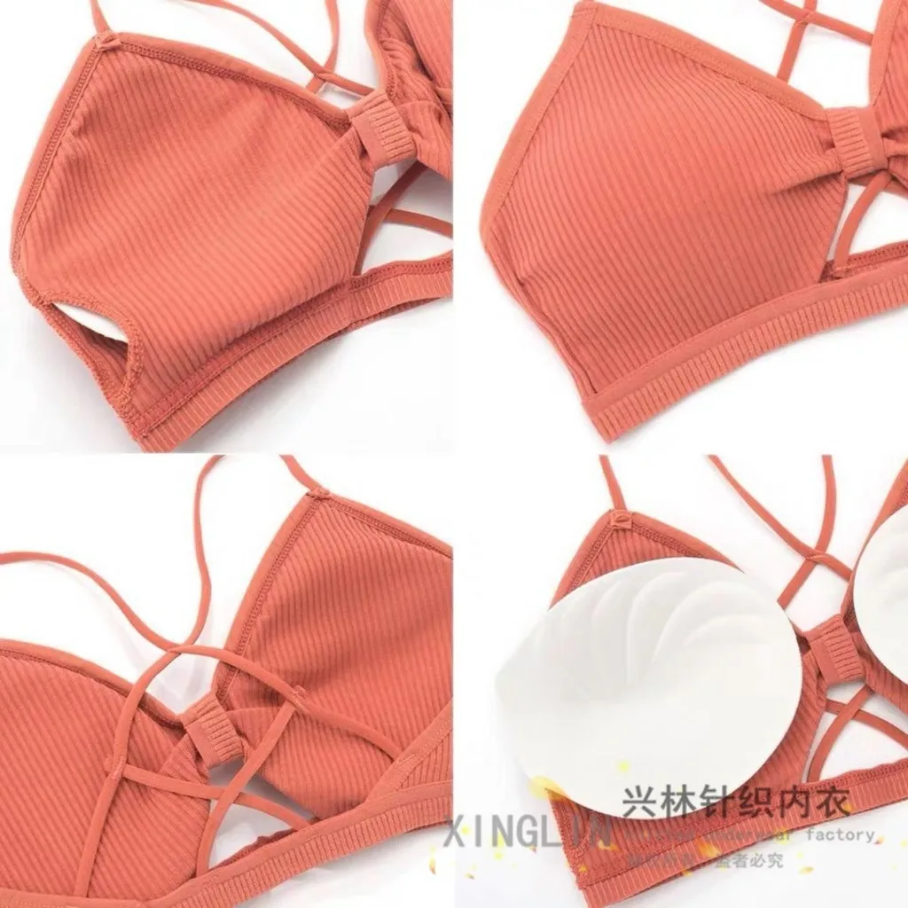 Women Threaded Cotton Bra Sexy Hollow Push Up Suspenders with Breast Pads Shock-proof Wire-free Comfortable Bra Underwear