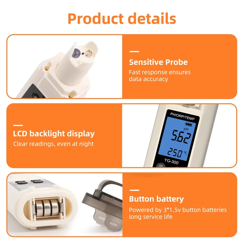 A95I-حوض السمك بركة الزراعة المائية كشف جودة مياه الشرب YG-300 جهاز اختبار المياه درجة الحرارة متر PH ORP جهاز قياس درجة الحرارة كاشف #5