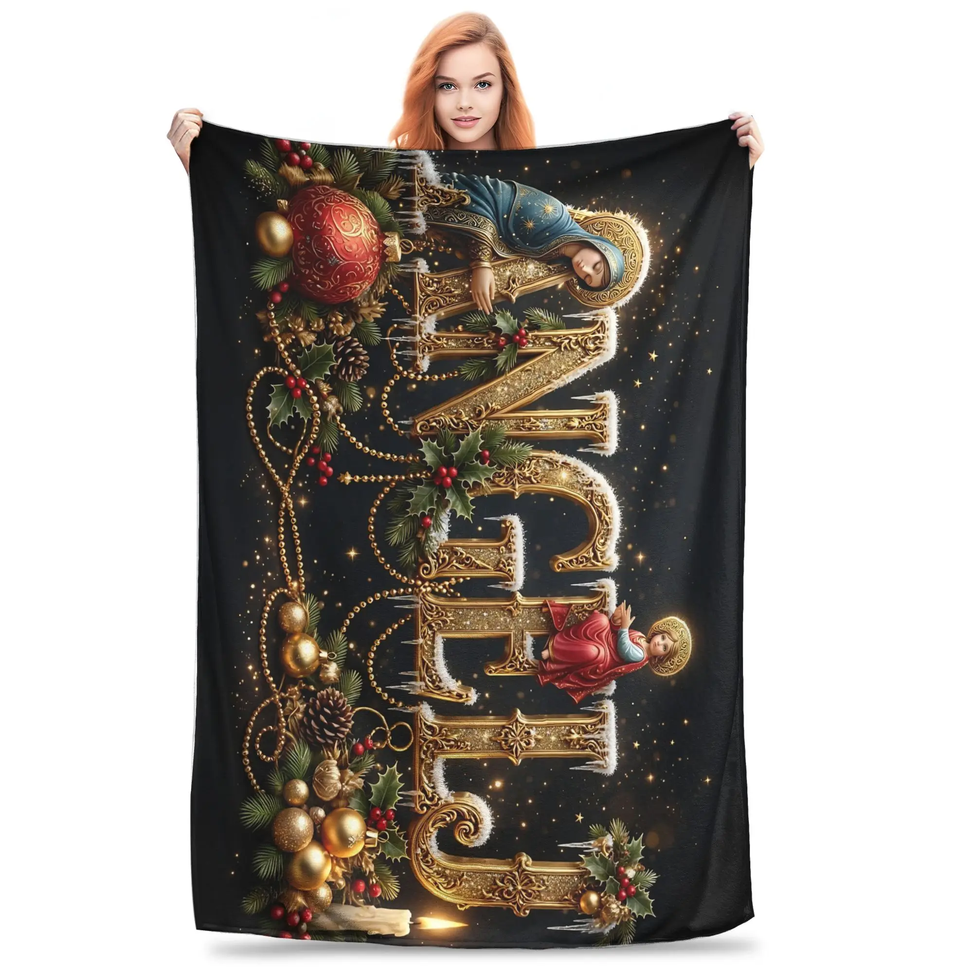 1PC Home Christmas Angel Letter C Red Gold Ribbon Graphic Blanket Throw Blanket  Novelty Warm Blanket Gift for Halloween Thanks