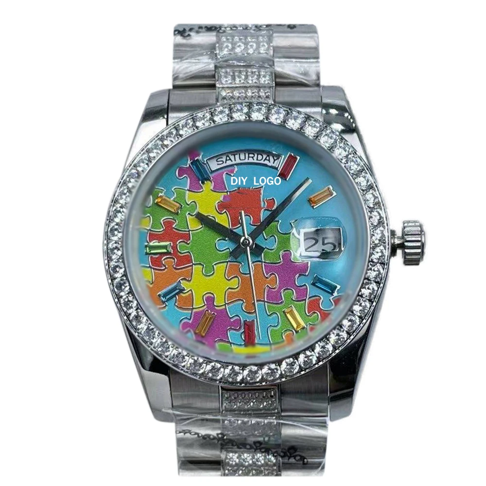 Movimento automatico alla moda con logo personalizzato da 36 mm, quadrante multicolore con diamanti, orologio da donna, regali da donna