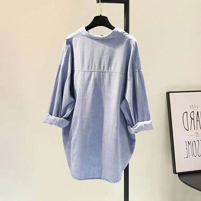 Camisas de estilo coreano para mujer, blusa de mezclilla de gran tamaño con cuello tipo Polo, manga larga, color azul liso, informal, holgada, con botonadura única