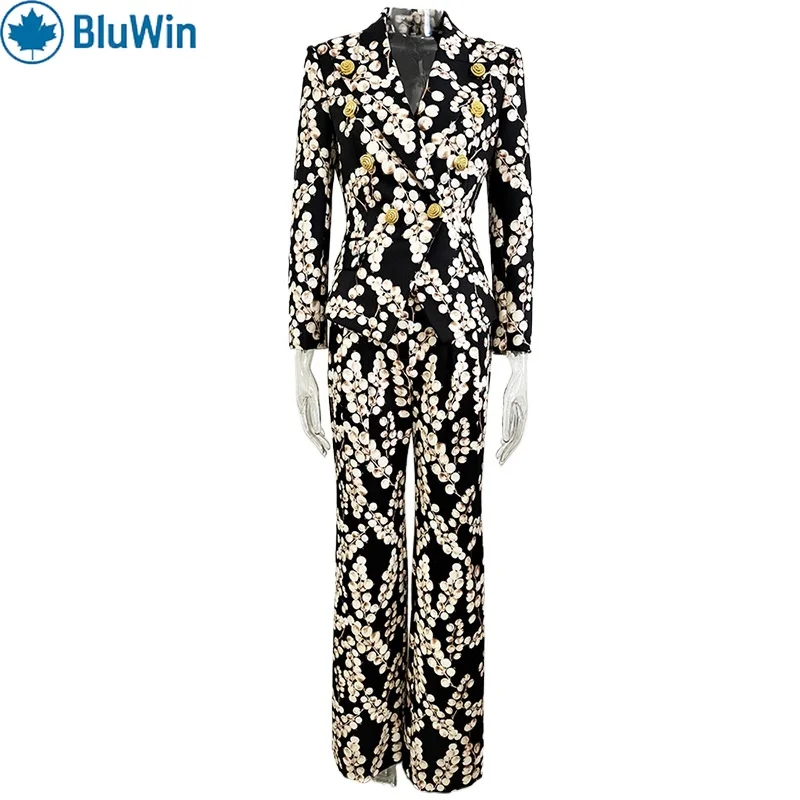 

BluWin Floral Print Blazer Pants Suit Women Tailored Two Piece Set Wide Leg Trousers Office Party