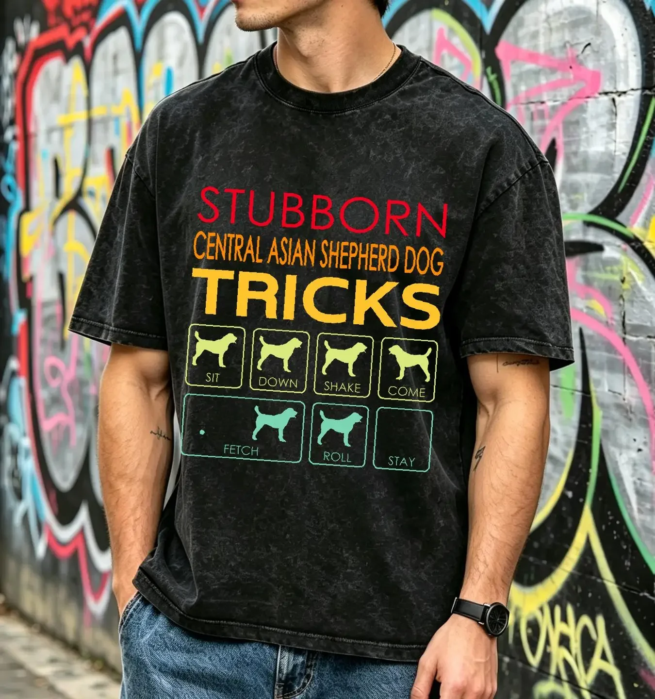 washed T Shirt Stubborn Central Asian Shepherd Dog Tricks Vintage Drawstring Bags Gym Bag Hot Lightweight vintage Washed