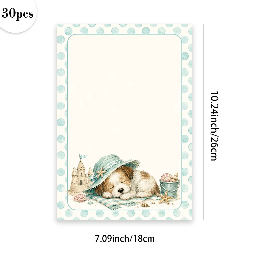 30 Sheets, B5, Writing Paper With A Puppy On The Beach Theme, Lined, No Glue, Very Suitable For Notebooks, Memos, And Stickers