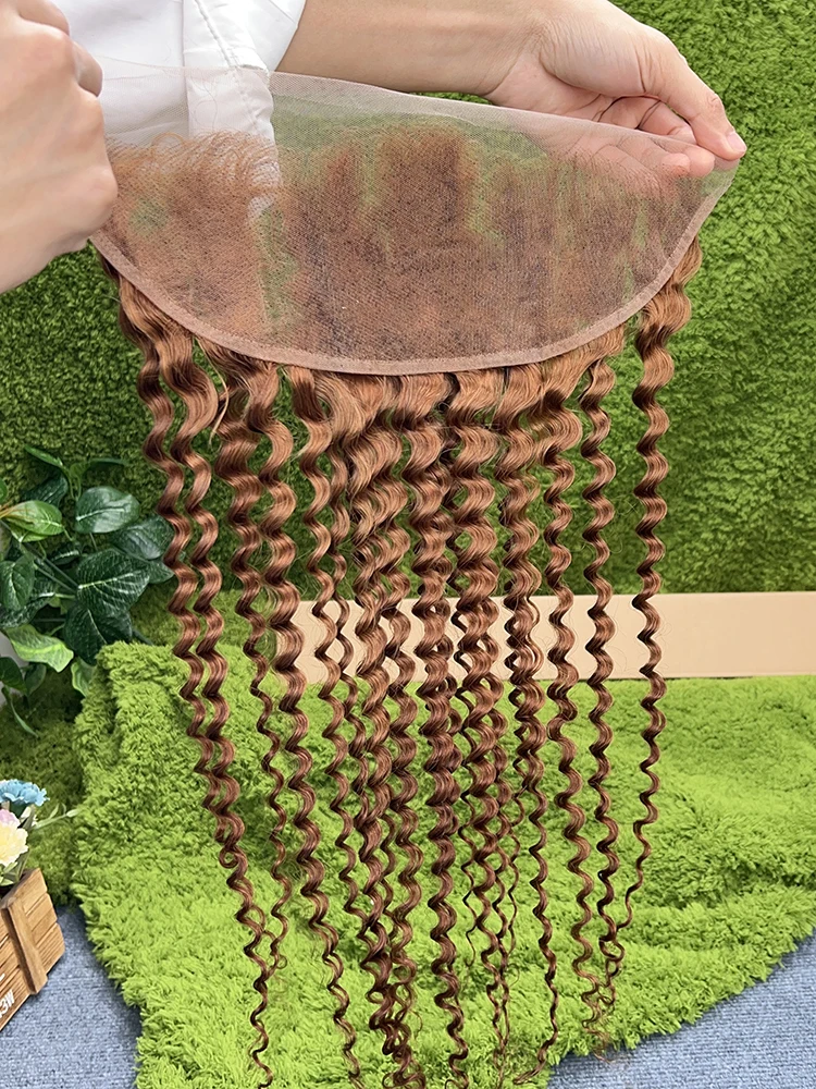 

# 30 цветов, глубокая волна, 13x4, прозрачный кружевной фронтальный топ из натуральных волос, предварительно выщипанные, осветленные узлы, 100% натуральные необработанные человеческие волосы, только топ.