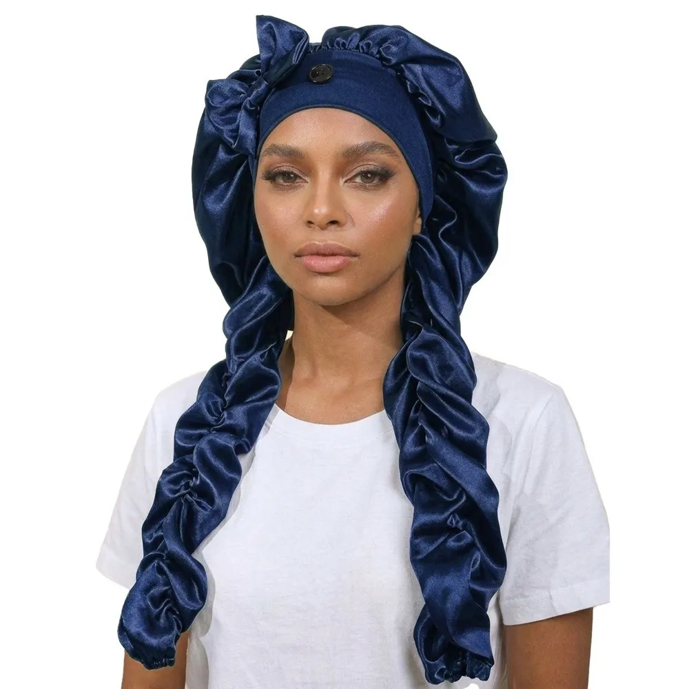 Satin Material Sleep Bonnet Long Curling Ribbons Non-Slip Design Satin Bonnet Soft Fabric Adjustable Fit No Heat Curling Bonnet