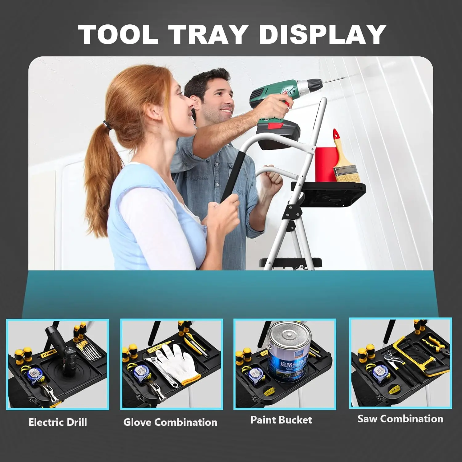 Ladder with Handrails, Folding Step Stool Portable Steel Ladder for Adults for Home Kitchen Library Office, White