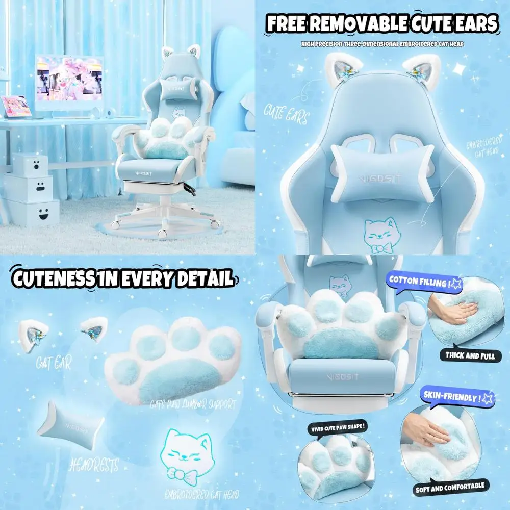

Blue Gaming Chair with Footrest, Ergonomic Cute Gamer Desk Chair with Cat Ears, Comfortable Computer Chair for Girls, Women, and