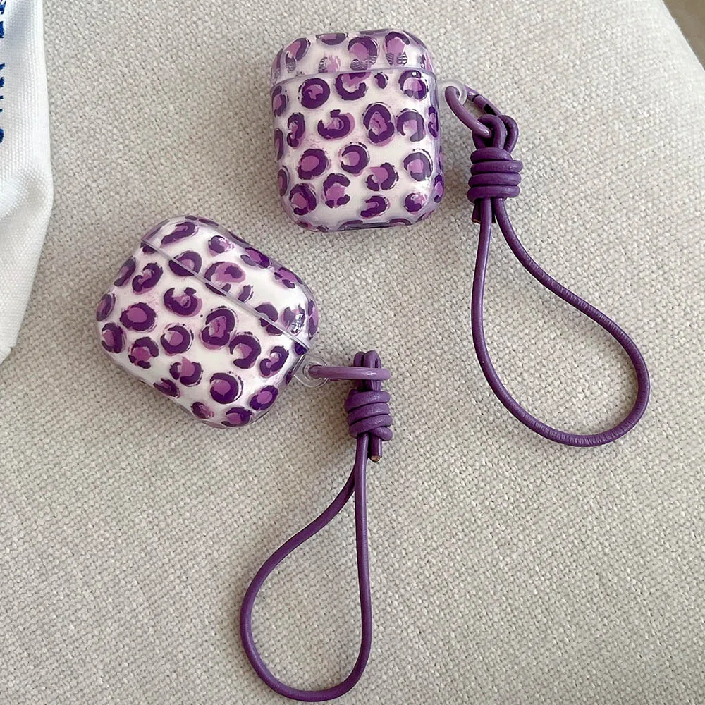 Transparent Purple Leopard Print Earphone Soft Case For Airpods 4 Purple Leather Hand Rope Cover For Airpods 2 3 4 Airpods Pro 2