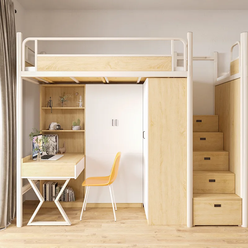

Minimalist metal and wooden bunk beds with storage compartments and stairs for apartment bedrooms, hotel, and school