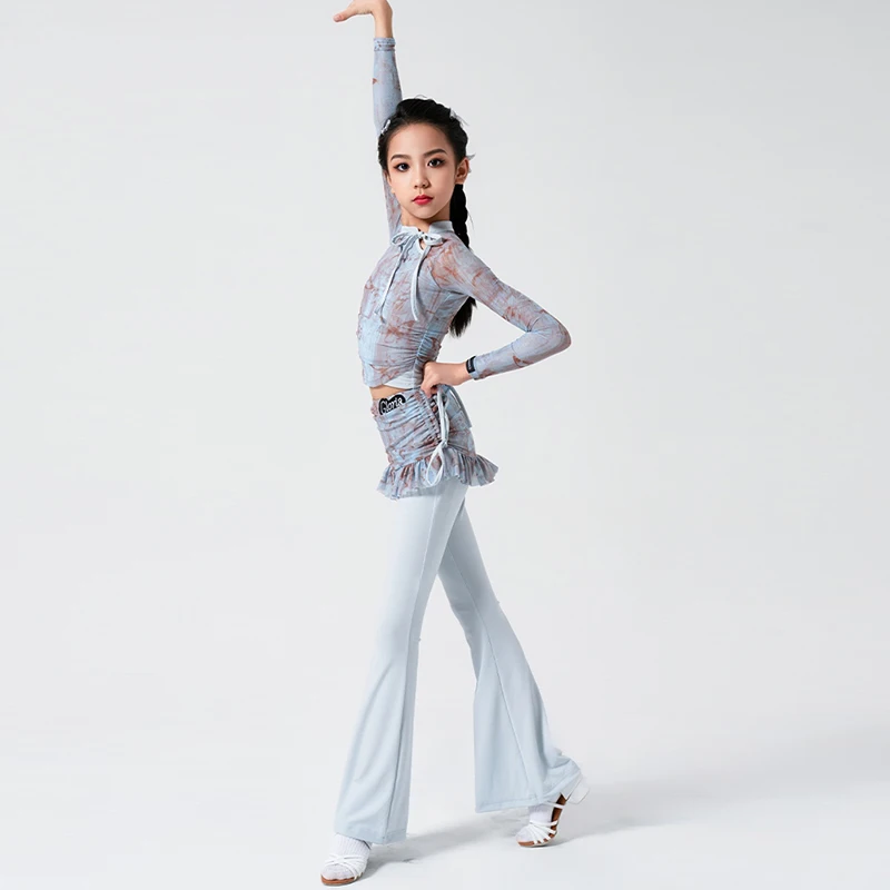 2024 New Children Latin Dance Dress Girls Blue Long sleeved Top  Pants Splicing Skirt Set Ballroom Tango Dancing Costume XH943