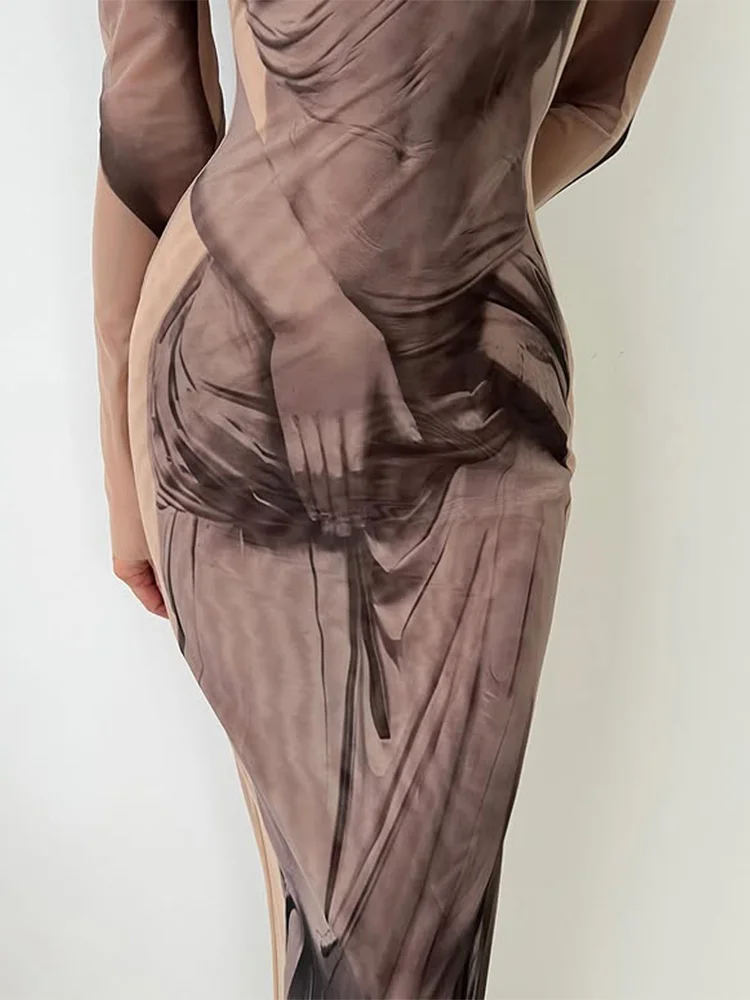 Printed Mesh Dresses For Women Fashion Sexy Streetwear O-Neck Long Sleeves Sheer Sheath Side Split Long Vestidos Robes Female