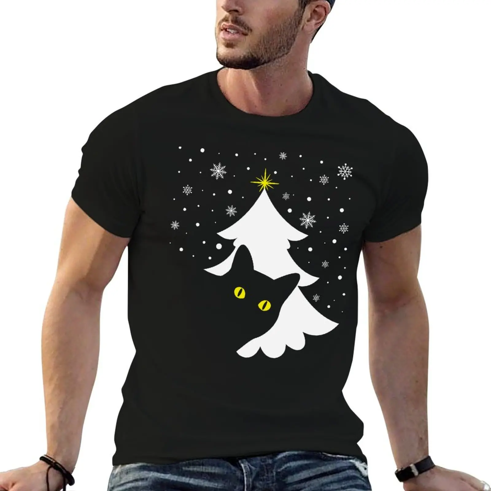 Black Cat Christmas Tree Gift For Cat Lovers T-Shirt t shirts for man cotton funny cotton tshirt 100% T-Shirt