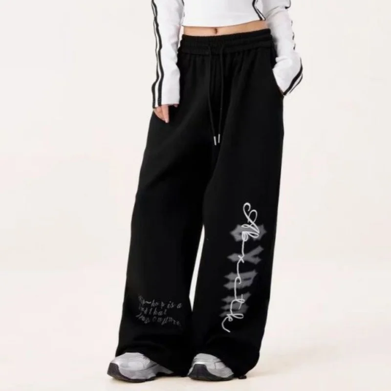 Amerykańskie spodnie sportowe damskie w stylu vintage, szerokie nogawki, modne trendy streetwear, styl koreański, spodnie do tańca.