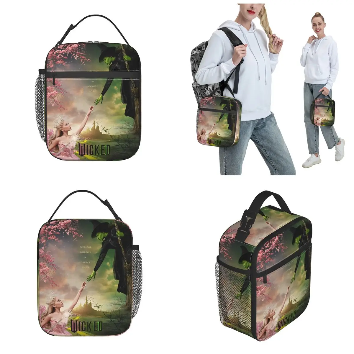 Wicked Elphaba & Glinda Borsa per il pranzo termica tonale isolata per il lavoro Magic Movie Borsa per alimenti portatile Scatole per il pranzo con dispositivo di raffreddamento termico