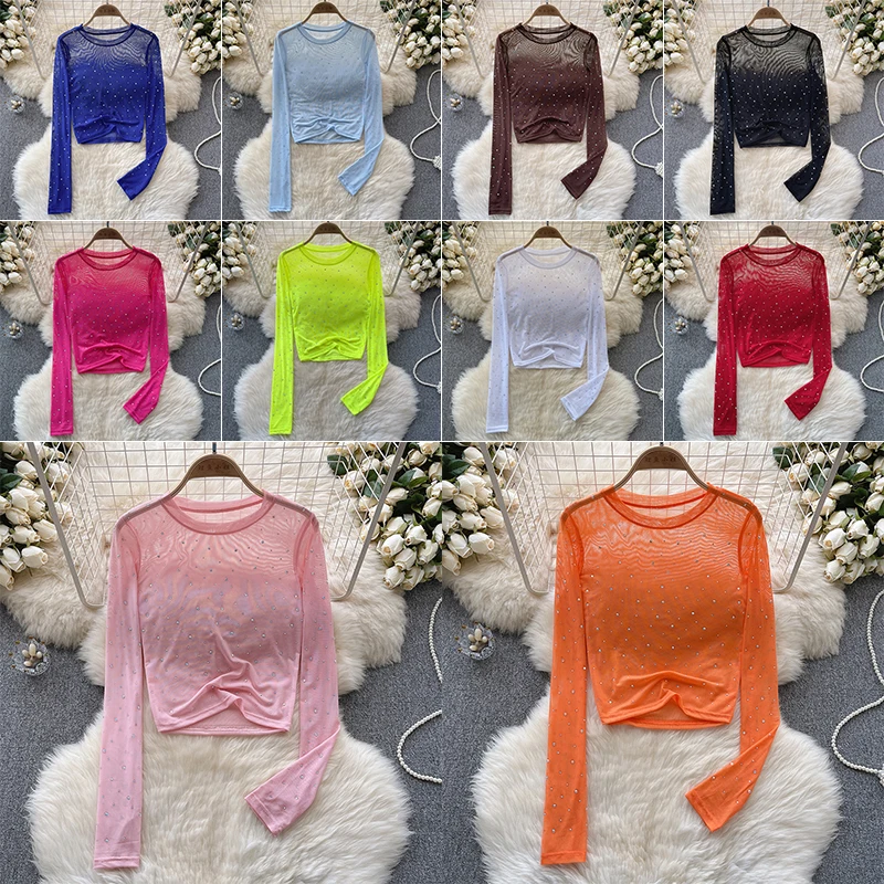 Women Chic Rhinestone Mesh Sheer Long Sleeve Crop Tops Slim Fit Sexy See Through T-shirts Fashion Party Nightclub T-shirt - view 6