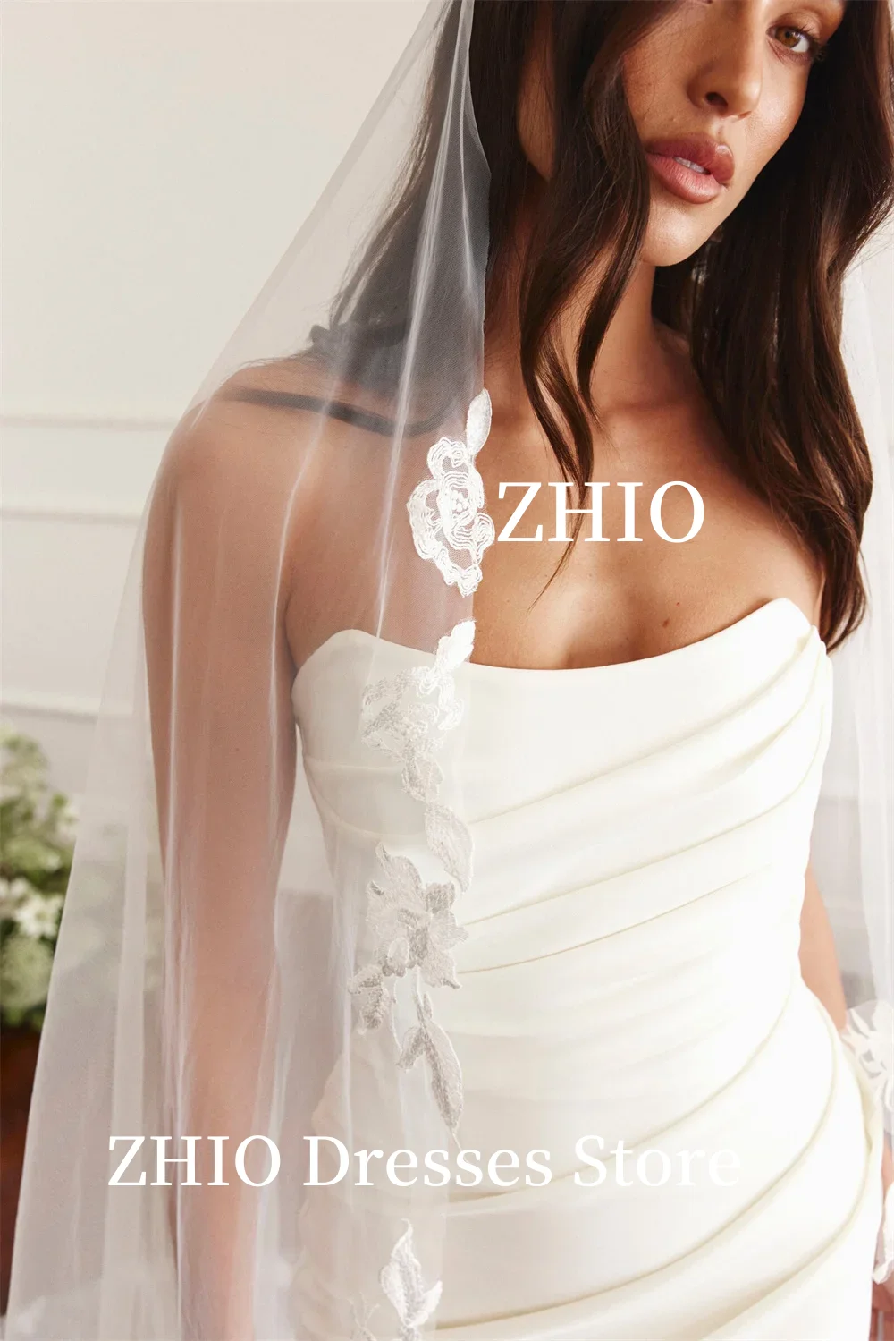 ZHIO Gaun Pengantin Sederhana Gaun Malam Putri Duyung Tanpa Tali Gaun Malam Sapu Kereta Wiru Tanpa Lengan Kancing Belakang Disesuaikan Gaun Pengantin