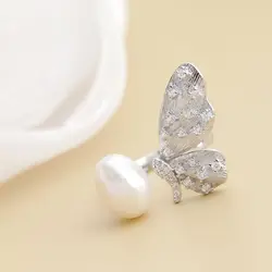 Authentic 925 Sterling Silver Rings Trendy Creative Butterfly Inlaid Natural Baroque Pearl Ring Elegant Lady Jewelry Gift