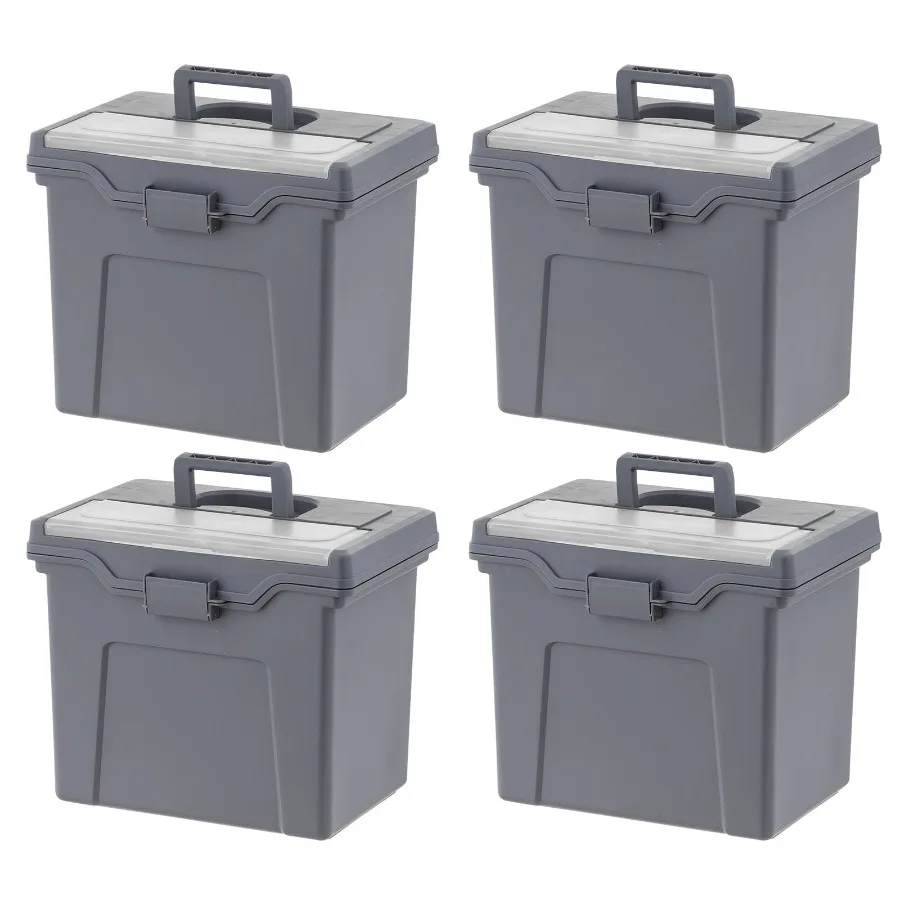 

IRIS Portable Plastic File Box with Organizer Lid for Letter-Sized Documents, Gray, 4-Pack Stackable, Space-Saving Desktop Stor