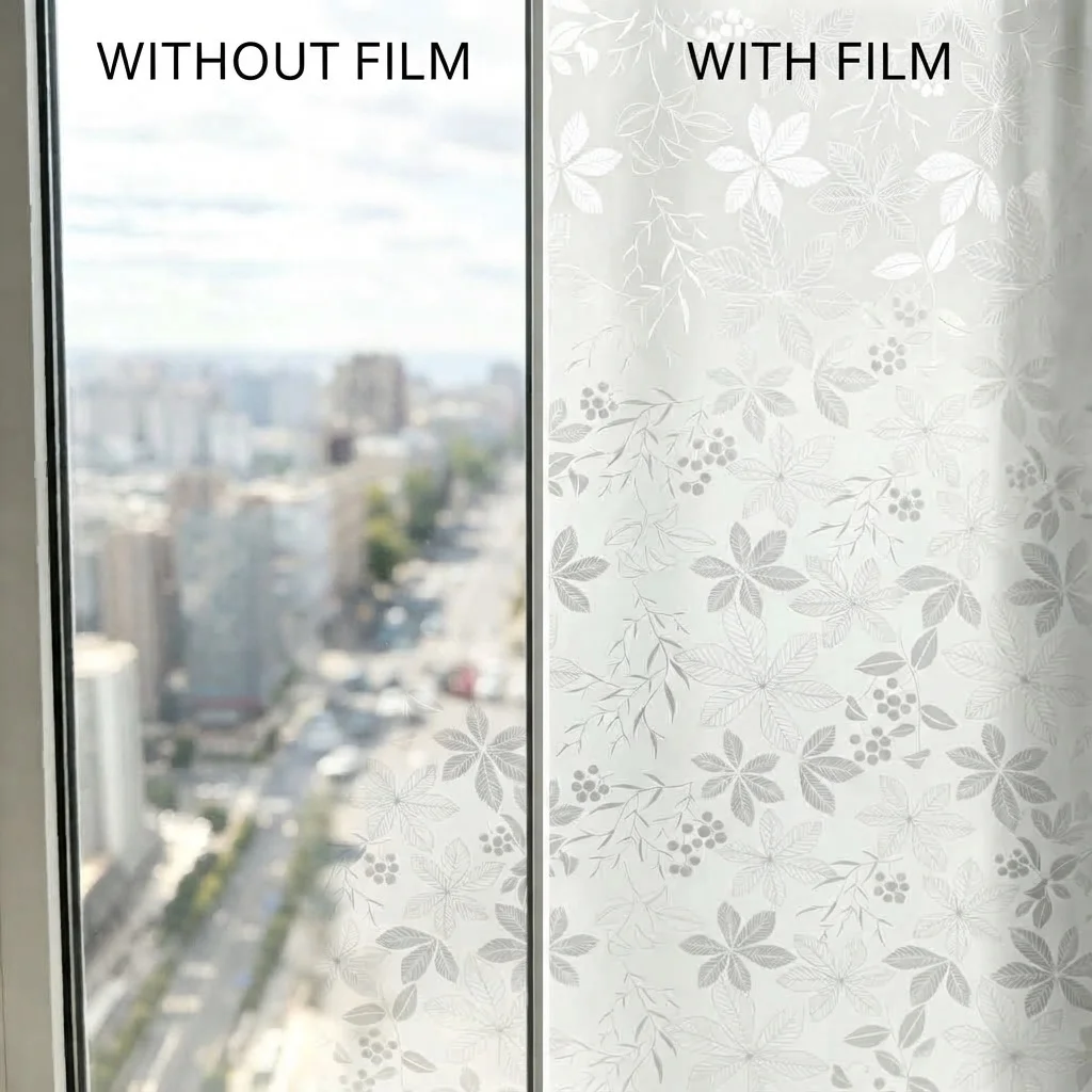 Leaf Berry Pattern Privacy Window Film Self-Adhesive Opaque Frosted Glass Sticker for Home Bathroom Kitchen Office Anti-UV