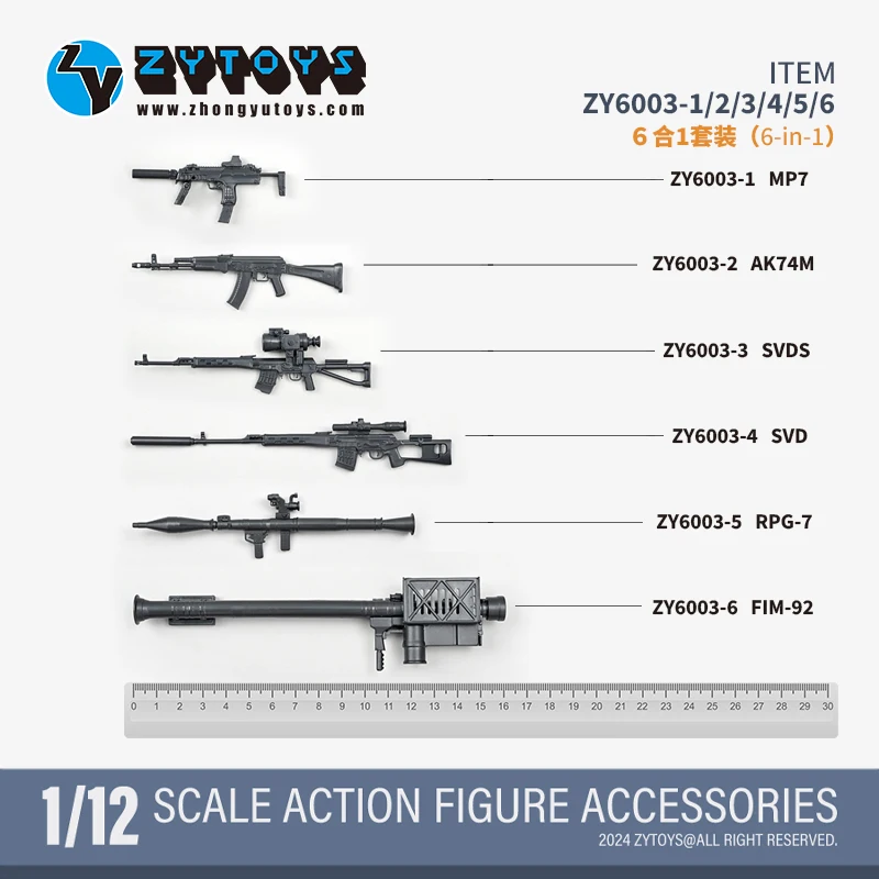 ZYTOYS 1/12 Scale MP7 AK47M SVDS SVD RPG-7 FIM-92 Model Set for 6'' Action Figure Dolls Military Army Mini Weapon Collection