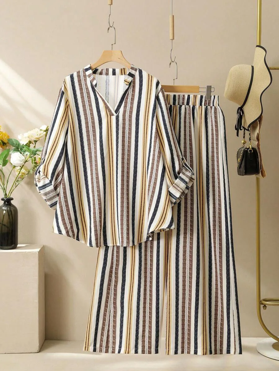 Plus Size Women's Striped Set - V-Neck Printed Two Piece Outfit, Casual Lounge Pants Suit