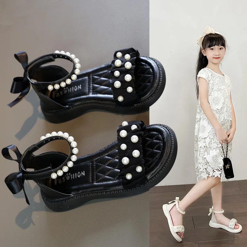

2025 Children's Sandals for Girls Shoes for Kids Gladiator Summer Soft Flat Heels Beach Princess Fashion Bow Tie Beaded Shoes