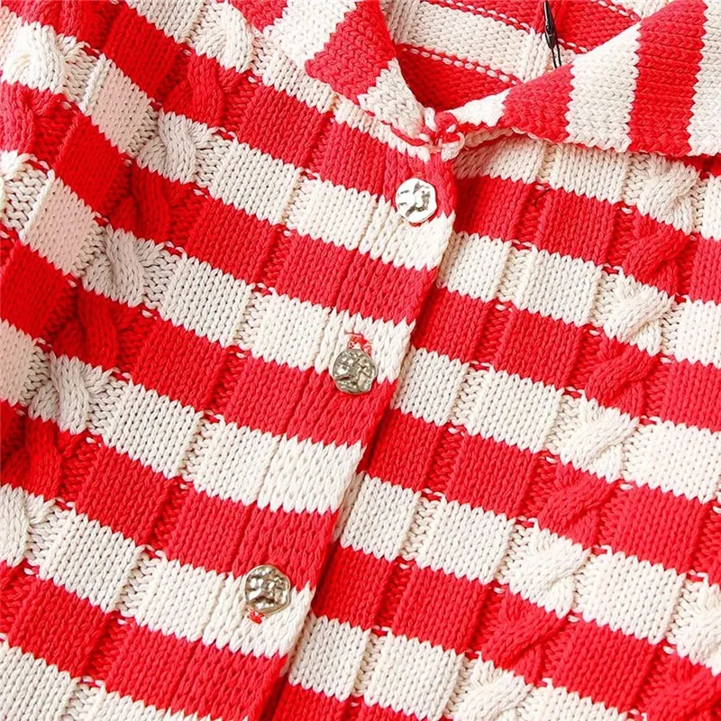 TRAF Cable Knitted Cardigan For Women Red Striped Knit Cardigan Woman Long Sleeve Cropped Sweaters Spring Button Short Cardigan