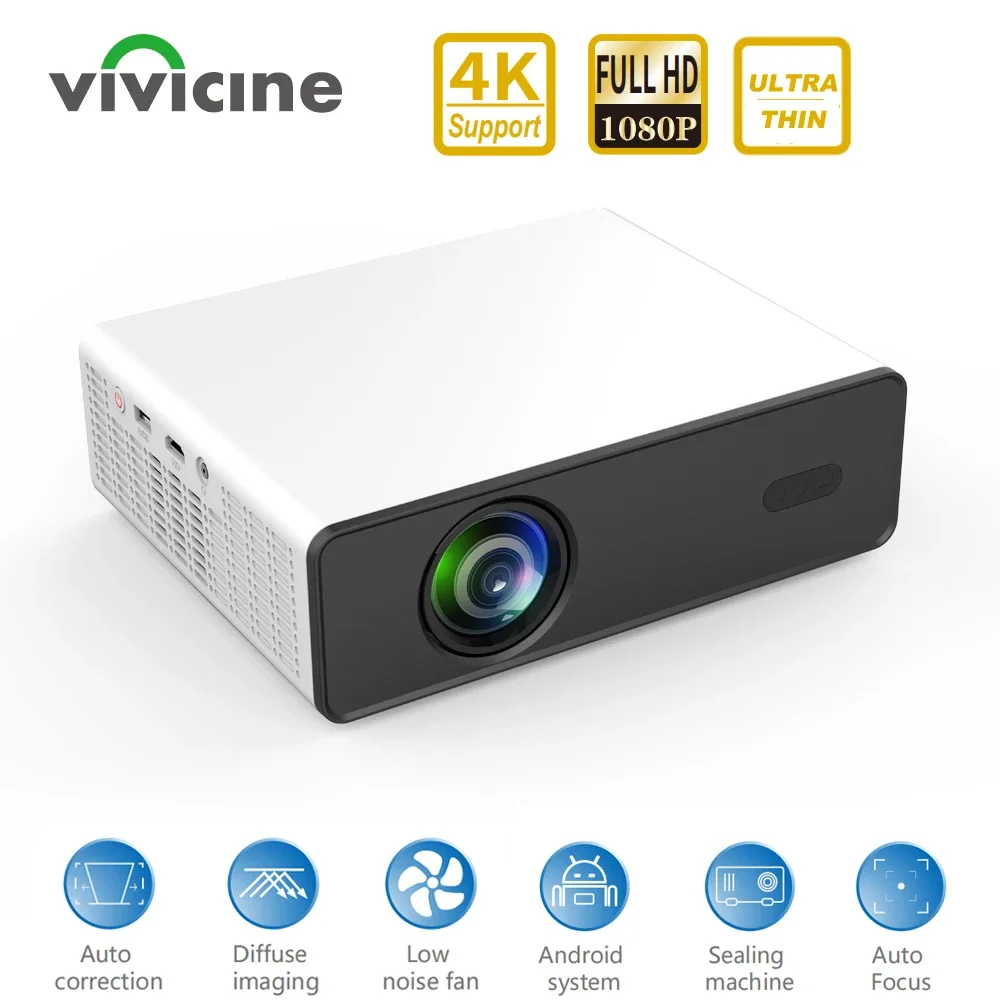 VIVICINE New Portable Android 9.0 1080p Full HD Home Theater Video Projector,Support 4K Decoding WIFI Movie Projector Beamer