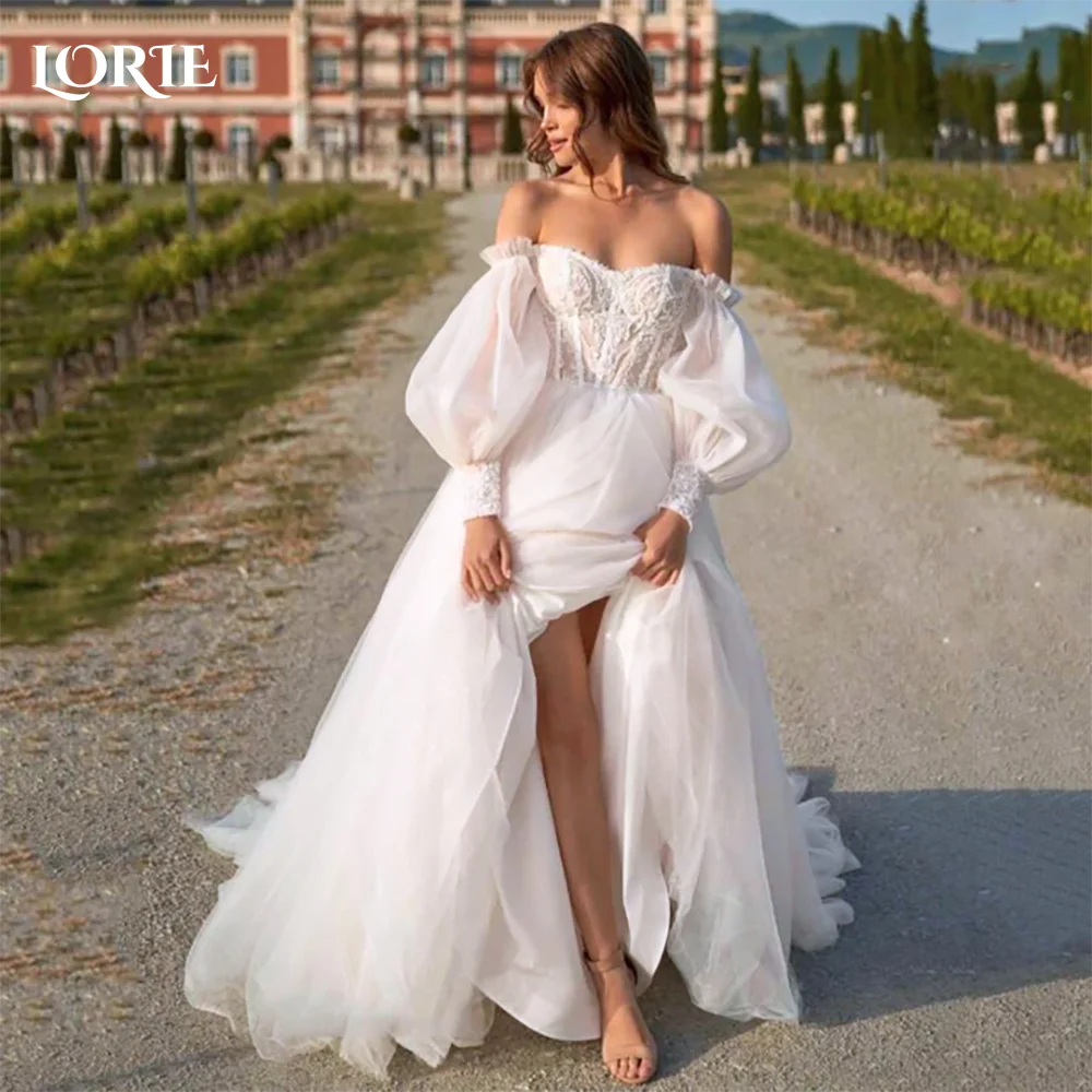 

LORIE Puff Sleeve Wedding Dresses with Split Appliques Lace off Shoulder Tulle vestidos de novia Sweetheart Boho Bride Gown 2024