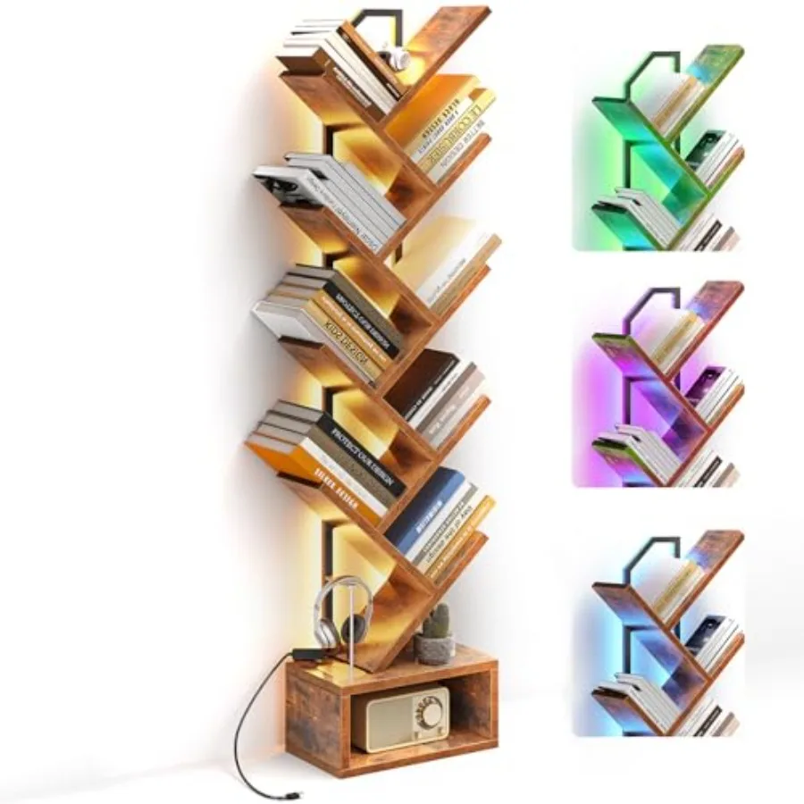 

Tree Bookshelf with LED Lights Narrow Bookcase for Small Spaces Tall Steel and Wood Storage Shelf with Cabinet Home Decor and O