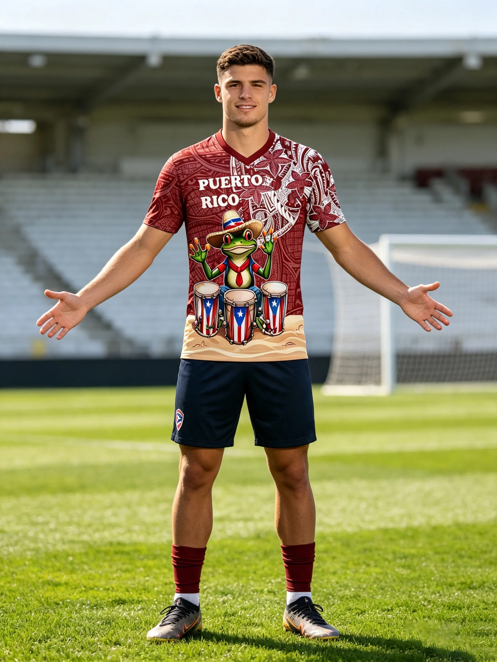 2026 Puerto Rico soccer jersey, cartoon frog with national‑flag drums, tribal pattern print, lightweight quick‑dry fabric