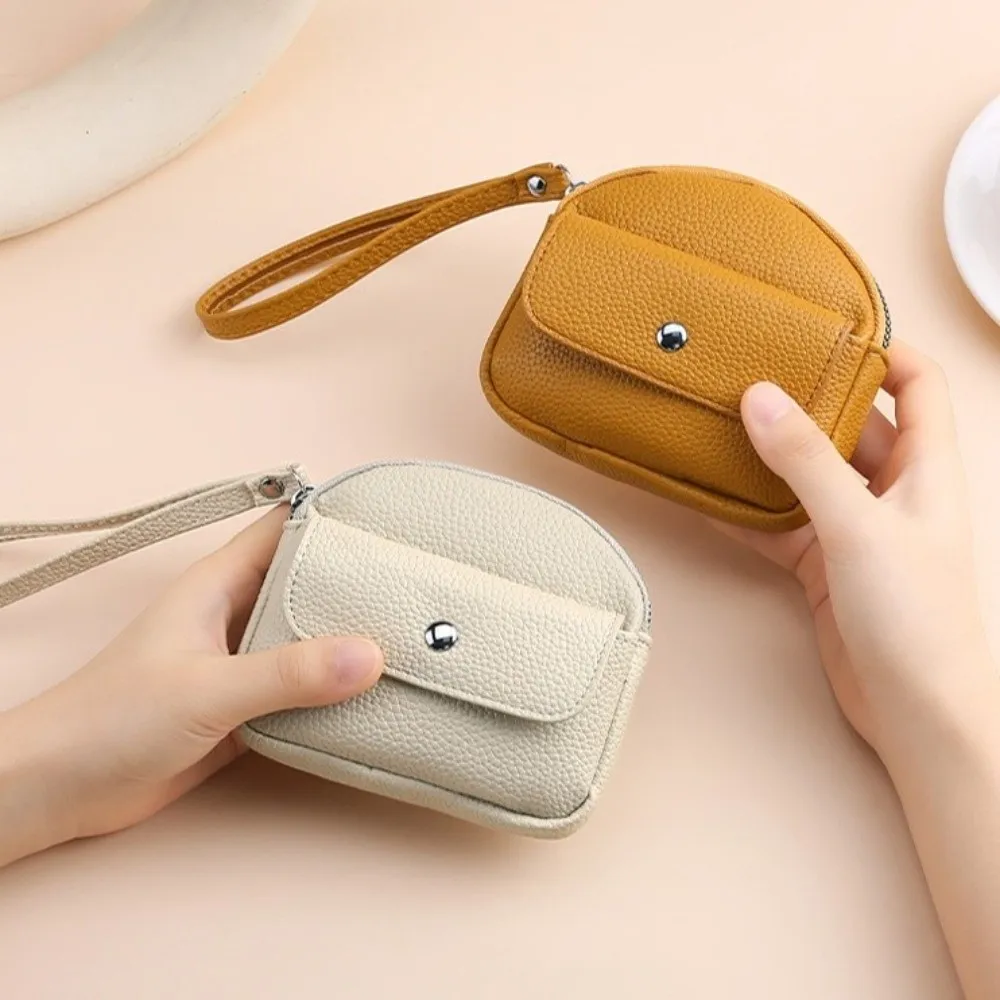 New PU Leather Coin Purse Handheld Zipper Closure Key Ring Wallet Solid Color Wrist Lanyard Student Wallet