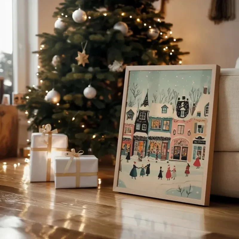 Multiple sizes 1pc frameless Canvas Painting Christmas Prints Poster Wall Art Cute Winter Village Prints Christmas Decor Cozy Se