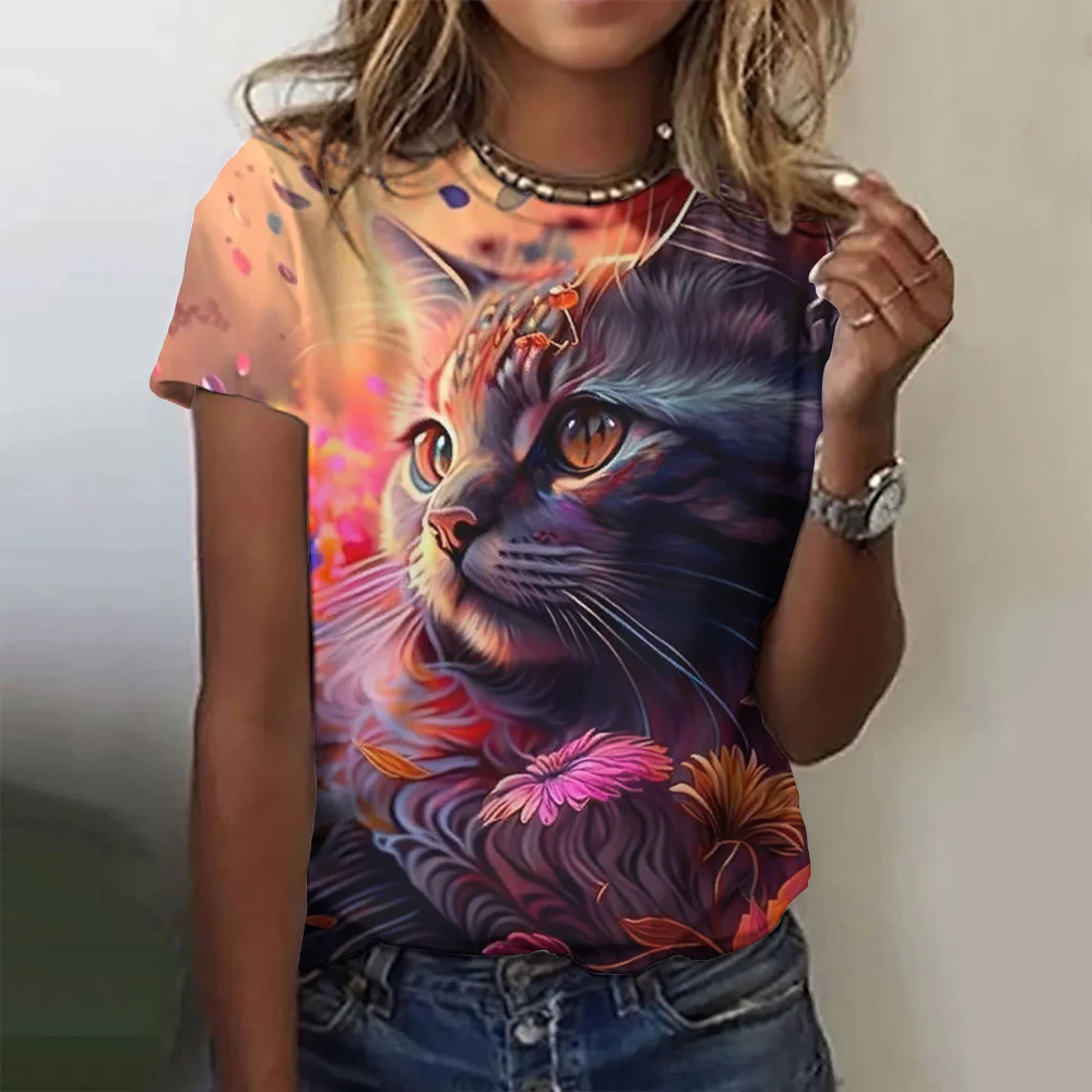 Women's T-Shirt 3d Cat Printed Short Sleeve Female T-Shirt Casual Harajuku Fashion Loose Street Style Funny Animal Pattern Tops