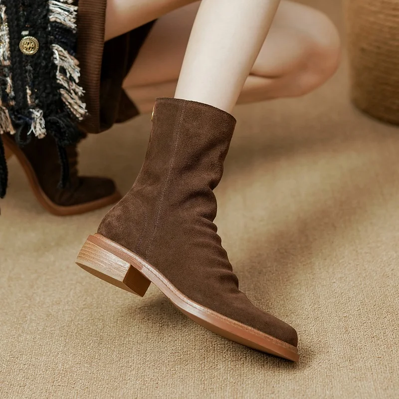 Women Ankle Boots Vintage Style Ladies Shoes Cowsuede Winter Boots Back Zippers Spring Autumn Shoes Real Leather Pleated Botas