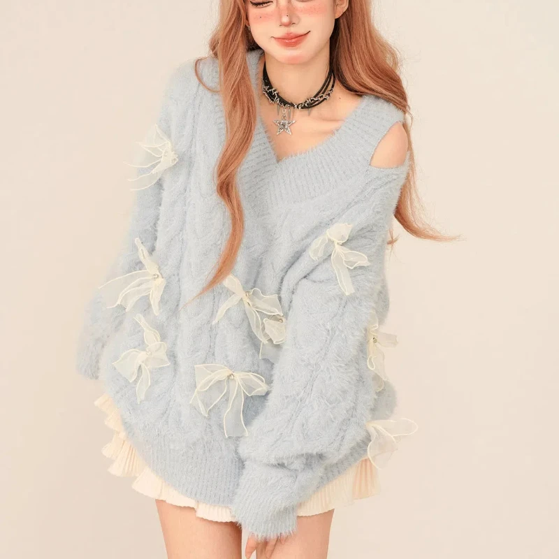 

Thickened New Velvet Lazy Bow Jacket Long Sleeved Sweater Winter Design Loose Top Pullover Knit Sweater