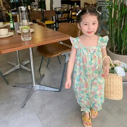 Summer Baby and Girls Sweet All-Over Floral Ruffled Sleeves Strap Jumpsuit School Kids Bodysuit Child Slip Overalls Outfit 2-8Yr