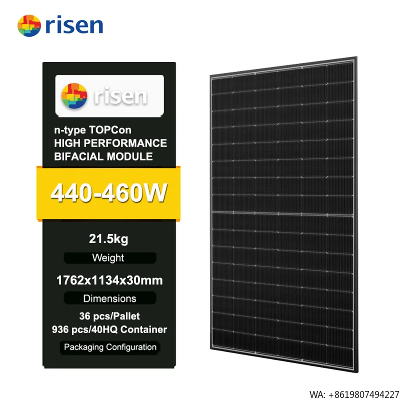 N-Type  Bifacial Solar Panel 440w 445w 450w 455w 460w 23% Efficiency Black Frame Aesthetic Roof&Balcony Installation