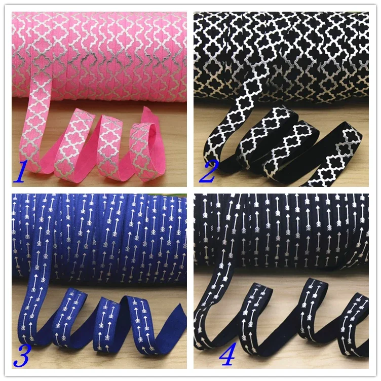 5/8''  arrow quatrefoil silver foil printed Fold Elastic FOE headband headwear hairband decoration OEM D439