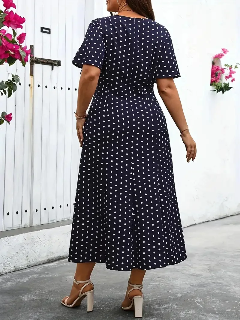 GIBSIE Plus Size Polka Dot V Neck Elegant Long Dress Women Summer High Waist Short Sleeved Vintage A-Line Dresses 2024 New