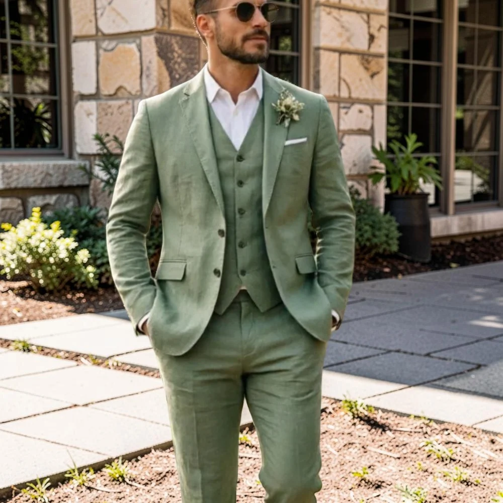 

Sage Green Linen Wedding Tuxedo 3 Pieces Men Suits Slim Fit Single Breasted Matching Vest For Beach And Party Occasion Summer