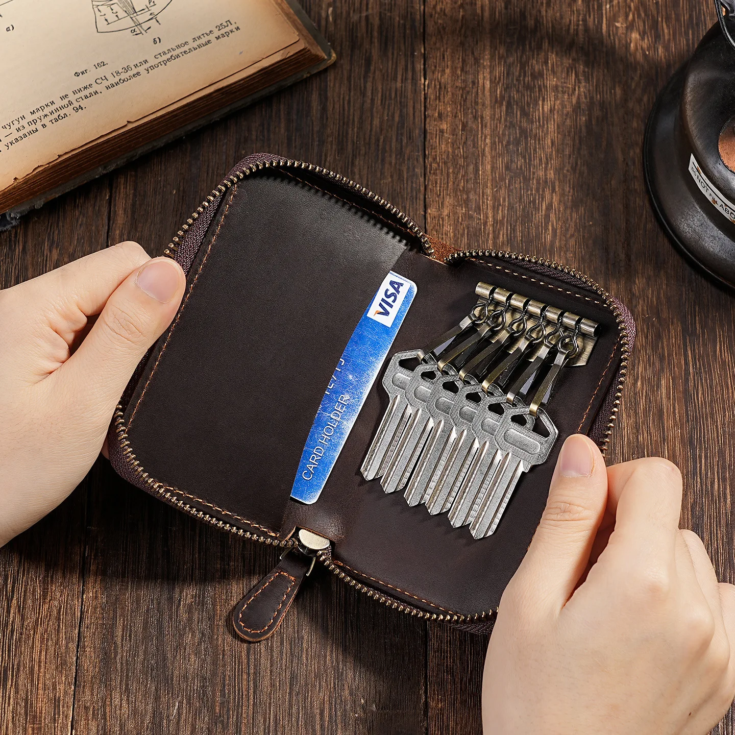 

Высококачественный мужской чехол для ключей из натуральной кожи, держатель для карт, кошелек, чехол с 6 крючками, органайзер для ключей, органайзер для денег, чехол на молнии