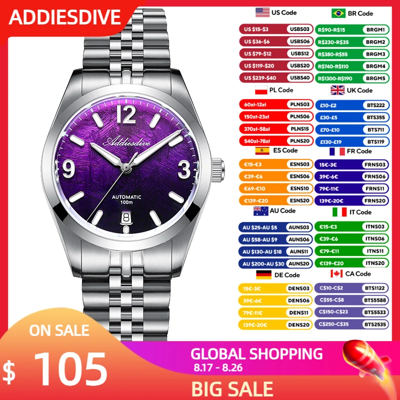 ADDIESDIVE 새로운 시계 AD2547 사파이어 39mm 럭셔리 남성용 자동 손목시계 일본 8215 기계식 BGW9 루미너스 방수 100m