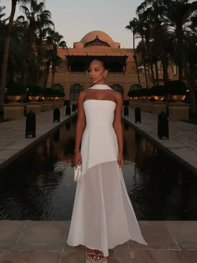 Abito lungo patchwork in rete con nastro senza spalline alla moda Abito lungo elegante senza maniche senza schienale per le vacanze Nuovi abiti da spiaggia da donna