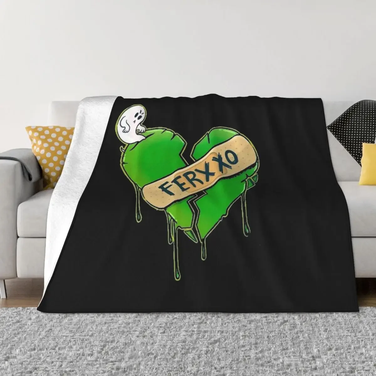 Ferxxo Heart Bandage Blanket Black Background Green Broken Heart with Ghost Design Soft Fleece Throw for Music Fans150x180