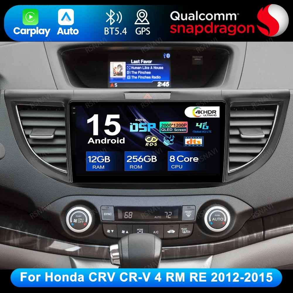 Android 15 para honda crv CR-V 4 rm re 2012-2015 unidade principal qualcomm viedo player qled navegação gps dvd dsp 5g wifi rádio do carro bt