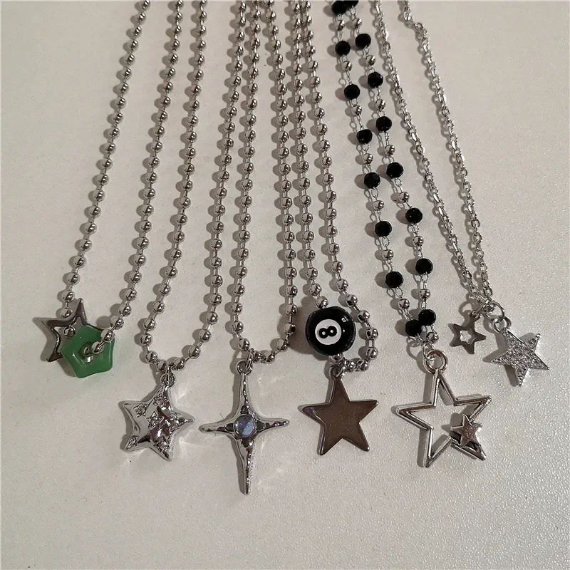 Kpop Punk Grunge Silver Color Star Cross Pendants Necklace For Men Women Couple Vintage Aesthetic Jewelry Y2K EMO Accessories