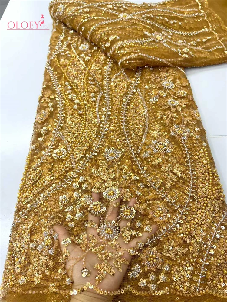 

OLOEY African Groom Sequins Beaded Lace Fabric 2026 Gold High Quality Nigerian French Tulle Lace Fabric For Prom Dress Sewing